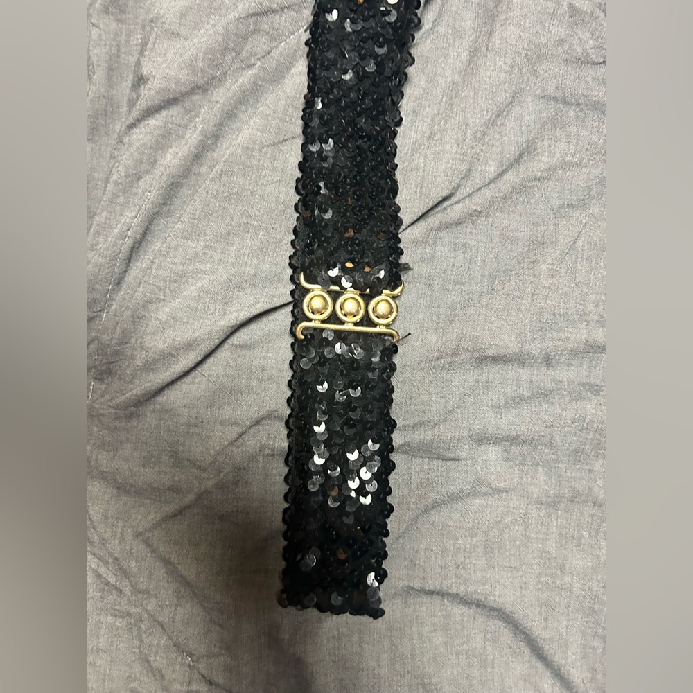 Black Sequin Elastic Waist Belt with Gold Accent